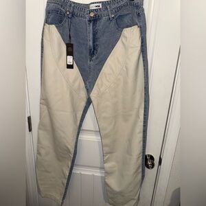 Fashion Nova Two-Tone Straight Leg Jeans Blue Pu Cream